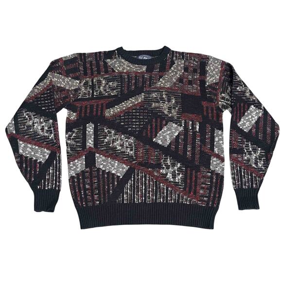 Boulevard By Block Men's Grandpa Crew Neck Sweater XLT Black Red Geometric Knit - Picture 1 of 6
